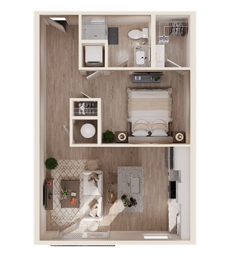 Floor plan for 1 bed, 1 bath, 591 sqft